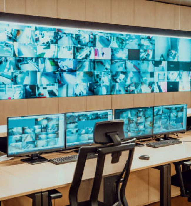 Empty interior of big modern security system control room, workstation with multiple displays, monitoring room with at security data center Empty office, desk, and chairs at a main CCTV security data
